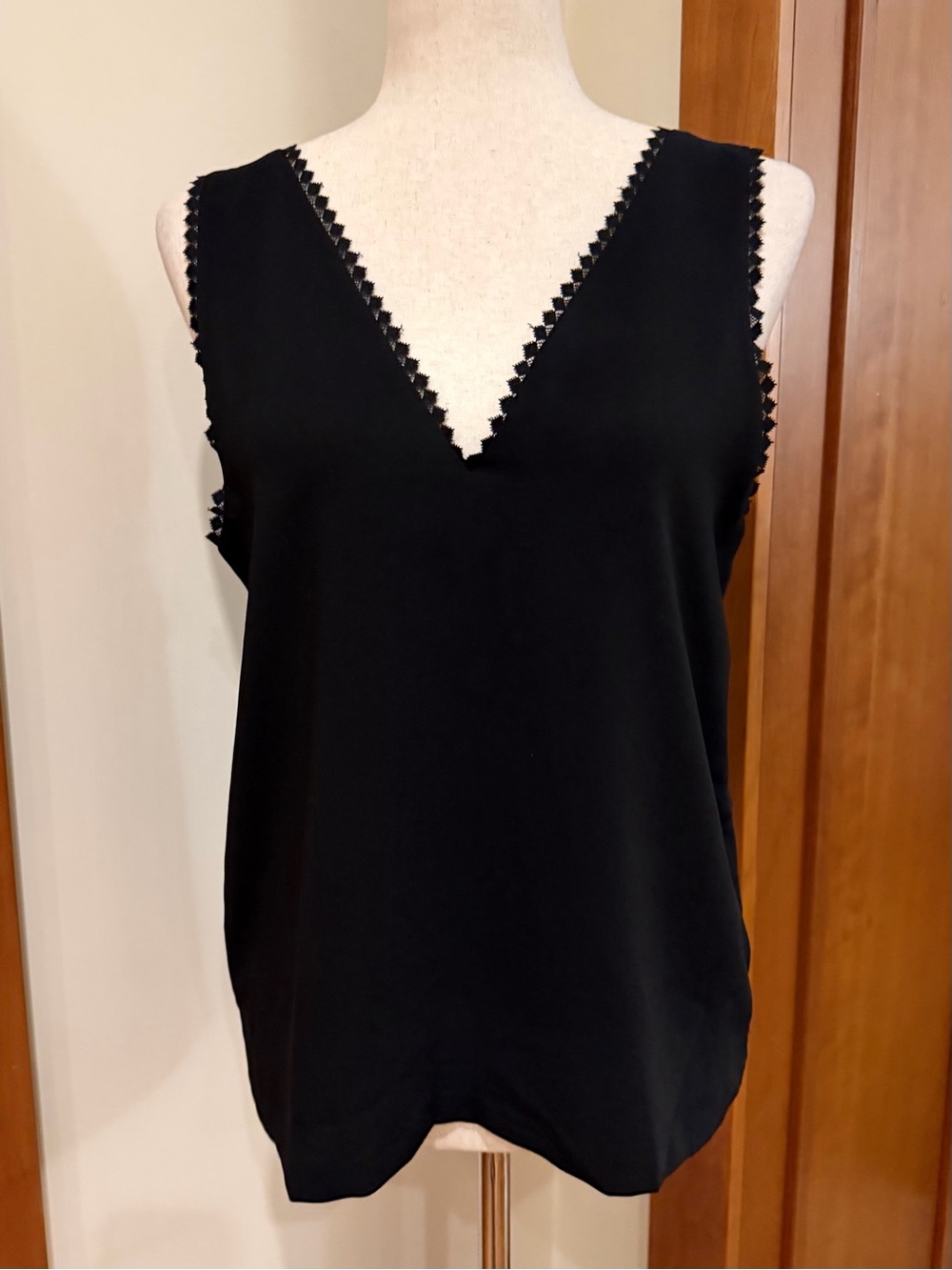 The Kooples size 2 Black V-Neck Sleeveless Top with Scallop Trim